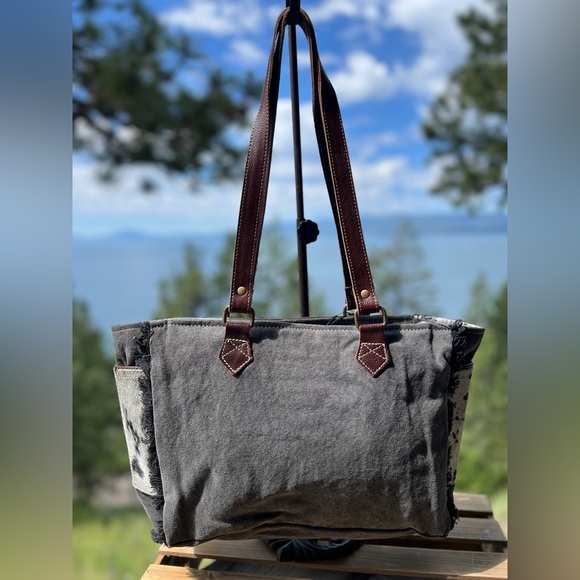 GIFT New Myra Bag Canvas & Cowhide & Leather Tote satchel concho tassel western - Picture 7 of 10